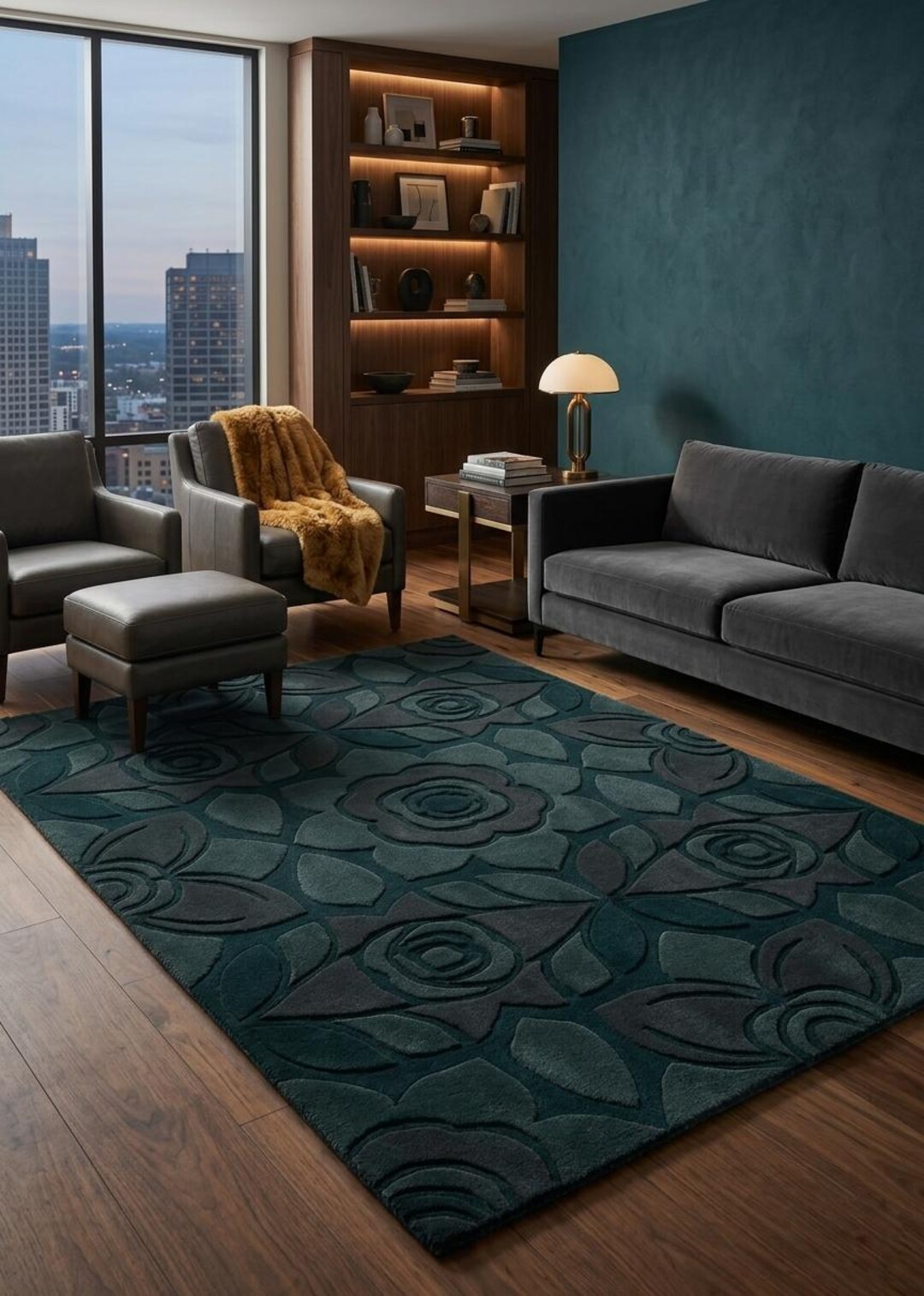 Rug Design Guide Teal Blue Floral Hand Tufted Rug – Modern Carved Rose Design Wool Area ...