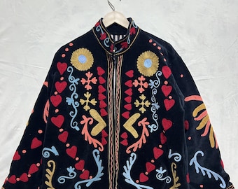 Handmade Velvet Suzani Jacket, Colorful Floral Embroidered Boho Coat, Vintage Style Cardigan