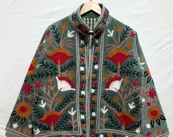 Handmade Floral velvet Suzani Kantha Embroidered Jacket | Boho Short Coat