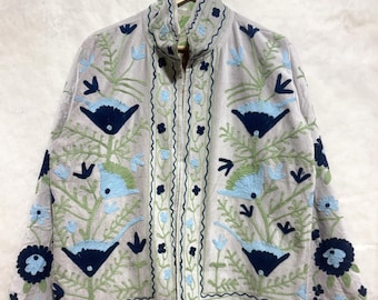Grey Velvet Suzani Embroidered Jacket, Floral Kantha Coat, Bohemian Outerwear, Gift For Her, Personalized Jacket