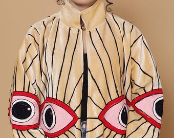 Evil Eye Velvet Jacket, Embroidered Unique Jacket, Bohemian Winter Jacket, Pure Velvet Jacket, Personalized Gifts