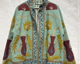 Cotton Suzani Embroidered Canvas Jacket, Handmade Jacket, Embroidered Coat, Indian Suzani, Gift For Her.