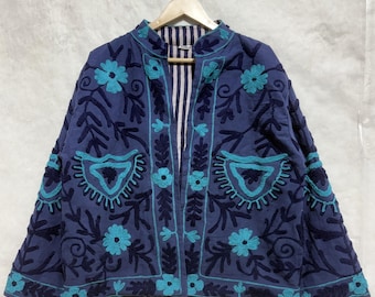 Handmade Suzani Embroidered Canvas Jacket, Floral Coat, Blue Jacket, Gift For Her