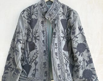 Grey Velvet Suzani Hand Embroidered Jacket, Floral Kantha Coat, Bohemian Outerwear, Gift For Her