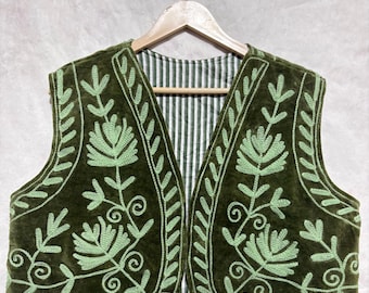 Handmade Embroidered Suzani Vest, Green Vest, Floral Jacket, Gift For Her.