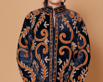 Velvet Blue Suzani Floral Embroidered Jacket, Bohemian Embroidered Jacket, Gift For Her, Gift For Mom