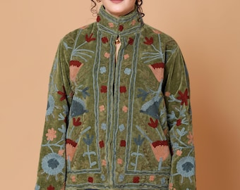 Handmade Velvet Suzani Embroidered Jacket, Green Velvet Suzani Embroidered Jacket, Winter Wear Jacket Coat, Gift For Her.