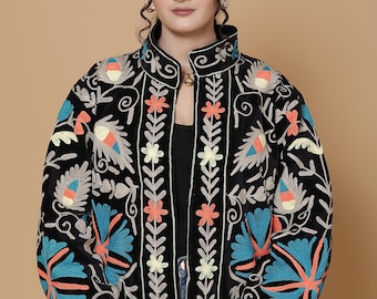 Handmade Velvet Suzani Embroidered Jacket,  Short Coat, Black Jacket, Gift For Her