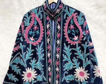 Handmade Velvet Suzani Jacket, Hand Embroidered Blue Floral Coat, Indian Outerwear, Gift For Her