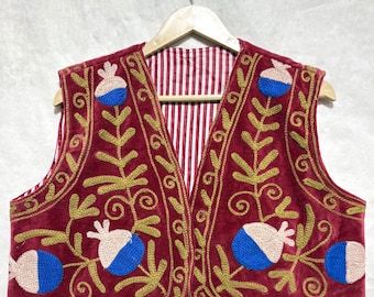 Hand-Embroidered Velvet Suzani Vest Jacket, Red Bohemian Statement Layer