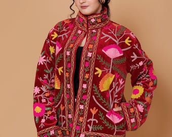 Velvet Red Suzani Jacket, Embroidery jacket, Hand Embroidered , Boho Coat, Gifts For Her.