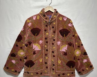 Hand-Embroidered Velvet Suzani Jacket, Floral Boho Clothing