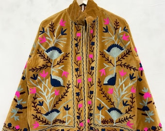 Handmade Yellow Floral Velvet Suzani Kantha Embroidered Jacket | Gift For Her | Personalised Jacket