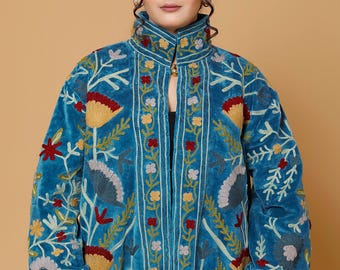 Velvet Blue Suzani Jacket, Hand Embroidered Jacket, Jacket Coat, Bohemian Embroidery, Personalised Gifts, Gifts For Her