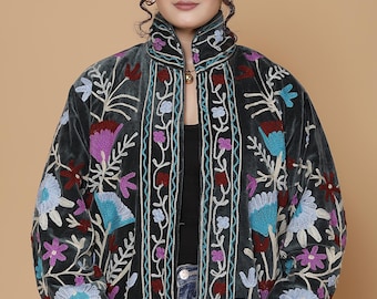 Velvet Suzani Jacket, Hand Embroidered Floral Coat, Boho Jacket, Gifts For Her, Luxury Outwear