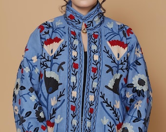 HandMade Duck Canvas Suzani Jacket, Handmade Short Jacket, Uzbek Embroidery Jacket, Women's coat, Gift For Her