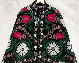 Black Velvet Handmade Suzani, Hand Embroidered Suzani Jacket, Women Jacket, Gift For Her.