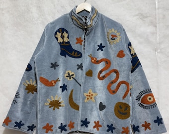 Blue Velvet Suzani, Handmade Jacket, Embroidered Suzani Jacket, Personalised Coat, Gift For Mom, Gift For Her.