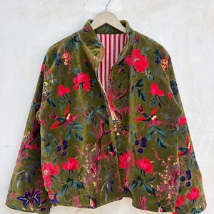 Dschungel Inspire Samtjacke, Grüne Vogel Print Samtjacke, Indische Samtjacke, Geschenk für Sie