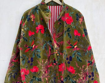 Jungle Inspire Velvet Jacket, Green Bird Print Velvet Jacket, Indian Velvet Jacket, Gift For Her