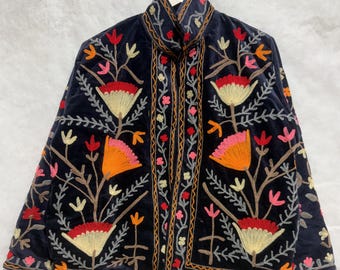 Velvet Black Suzani Floral Embroidered Jacket, Boho Embroidered Jacket, Velvet Jacket, Gift For Mom, Gift For Her