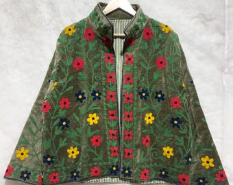 Green Velvet Suzani Handmade Jacket, Embroidered Jacket, Indian Quilted Coat, Winter Wear, Gift For Her.