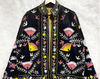 Suzani Black Embroidered Velvet Jacket, Handmade Jacket, Women jacket, Gift For Her