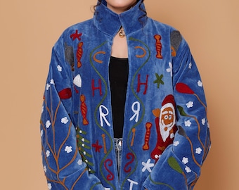 Velvet Blue Suzani Embroidered Jacket, Christmas Theme, Hand Embroidered Suzani Jacket, Boho Jacket, Gifts For Her