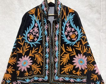 Handmade Velvet Suzani Jacket, Hand Embroidered Boho Floral Coat Artisan Indian Outerwear
