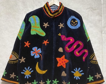 Snake Blue Suzani Velvet Jacket | Embroidered Velvet Coat | Handmade Suzani Jacket for Women | Warm Winter Jacket | Unique Gift for Her