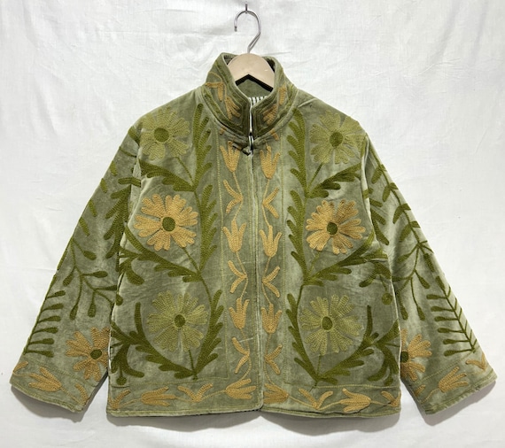 Green Velvet Suzani Handmade embroidered Jacket – Boho Embroidered Quilted Coat, Indian Artisan Jacket, Unisex Winter Statement Piece