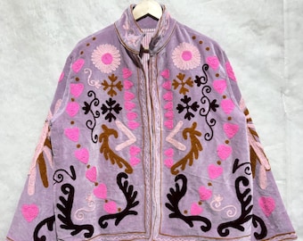 Velvet Suzani Jacket, Hand Embroidered Suzani Jacket, Boho Embroidered Jacket, Pink Jacket, Gift For Her, Gifts