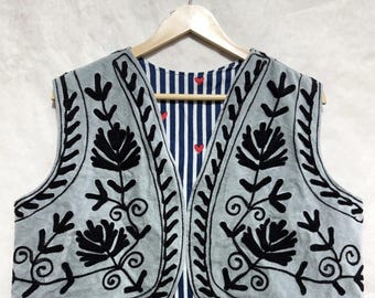 Handmade Embroidered Suzani Vest, Grey Vest, Indian Kantha Jacket, Gift For Her.
