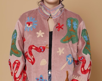 Snake Design Velvet Suzani Jacket, Hand Embroidered Jacket, Bohemian Embroidery, Pink Suzani Jacket, Gifts For Her, Personalised Jacket.