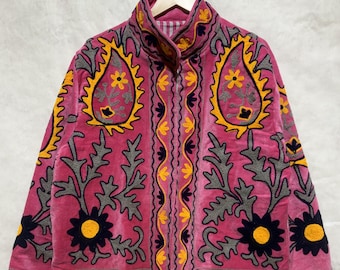 Pink Velvet Suzani Embroidered Jacket, Velvet Short Jacket, Handmade Jacket, Hippie Jacket, Gift For Her