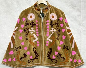 Velvet Suzani Jacket, Boho Embroidered Brown Jacket, Artistic Floral Design