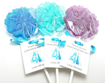 12 LARGE SNOWFLAKE LOLLIPOPS on 6" Stick with Personalized Tags and Ribbon - Frozen Inspired Princess Party Lollipops