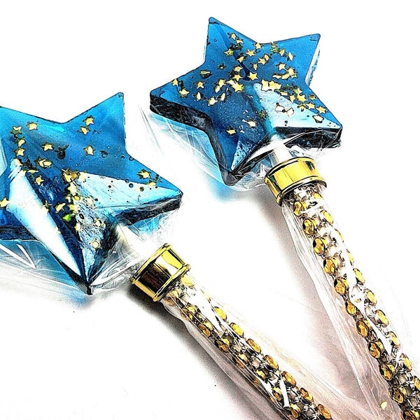 Piruletas con forma de estrella: estrellas doradas comestibles, palitos brillantes, recuerdos de fiesta de cualquier color.