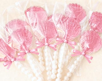 12 CLAMSHELL LOLLIPOPS with Faux Pearl Sticks - Mermaid Party Favors, Baby Shower Favors