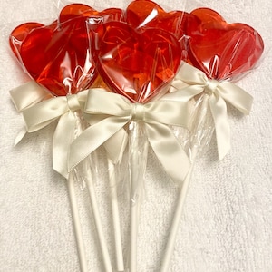 12 LARGE HEART LOLLIPOPS with Satin Bow on a 6" Stick- Valentine Lollipops, Wedding Favors, Variety of Colors and Flavors