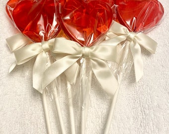 12 LARGE HEART LOLLIPOPS with Satin Bow on a 6" Stick- Valentine Lollipops, Wedding Favors, Variety of Colors and Flavors