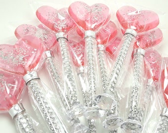 12 HEART LOLLIPOPS with Silver Glitter and Diamond Tipped Bling Sticks - Wedding Favors, Baby Shower Favors