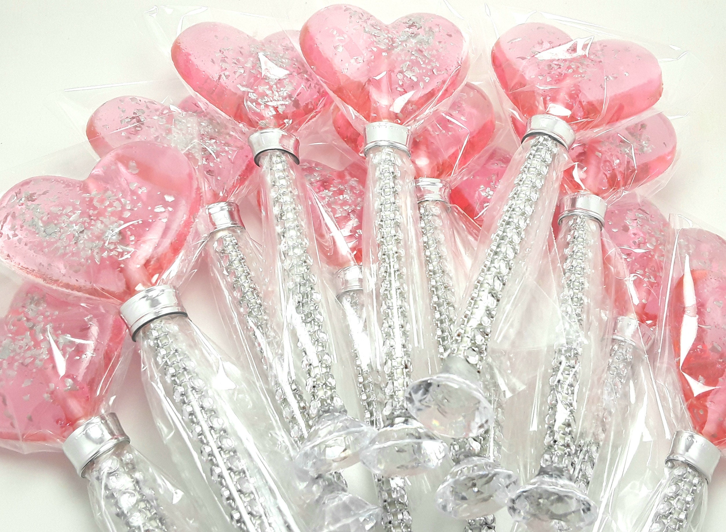 12 Heart Lollipops with Silver Glitter - Wedding, Baby Shower Favors