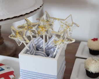 10 STAR WAND LOLLIPOPS with Gold or Silver Edible Stars