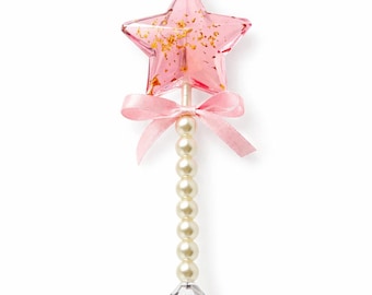 Lecca-lecca a forma di bacchetta magica con glitter dorati commestibili, nastrino decorativo e bastoncini con perle a forma di diamante (confezione da 10)