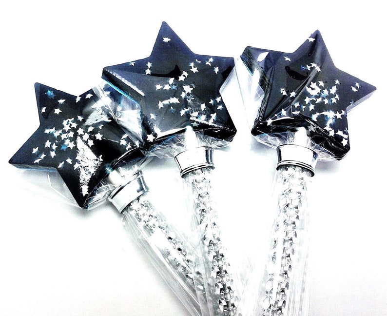 10 STAR WAND LOLLIPOPS with Edible Silver Stars and Bling Sticks Twinkle Twinkle Little Star Party, Available in Any Color image 1