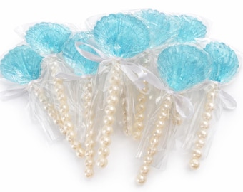 12 PIRULETAS DE CONCHA con palitos de perlas artificiales - Recuerdos de fiesta de sirena, recuerdos para baby shower