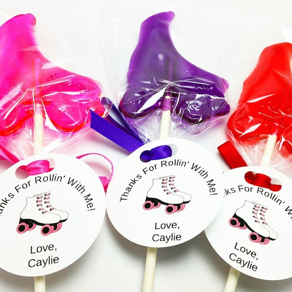 12 ROLLER SKATE LOLLIPOPS with Personalized Tags and Ribbon - Roller Skate Party Favors