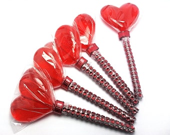 12 RED HEART LOLLIPOPS - Faux Rhinestone Stick, Wedding and Bridal Lollipop Favors, Party Favors, Valentines Day Lollipops