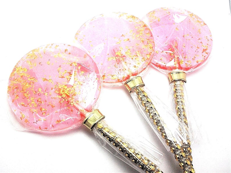 12 LARGE FUN POP Lollies with Gold Glitter and Bling Sticks - Wedding Favors, Baby Shower Favors 